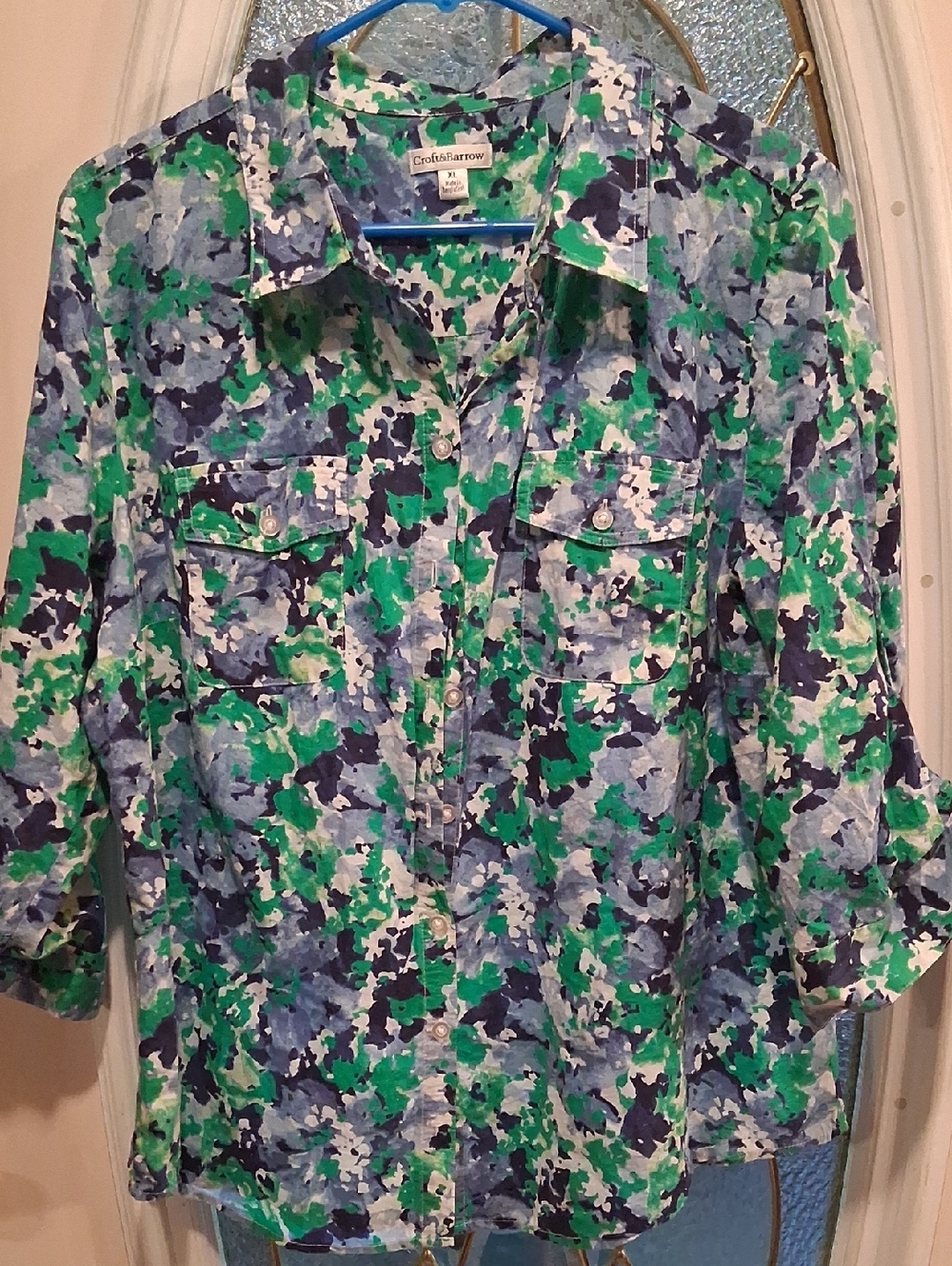croft & barrow Blue Green Abstract Floral Button-Down Shirt